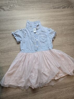 Casual Girls Denim-Style Bodice Dress with Pink Tulle Skirt